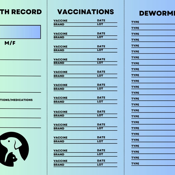Printable pet health record, Pet are, Vet Record, Puppy Shot Record, Kitten Shot record, Health Record