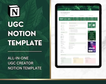 Premium UGC Notion-sjabloon groen | UGC Notion-sjabloonplanner voor UGC-makers | Top Ugc-projecttracker | Beste ugc-notiontracker