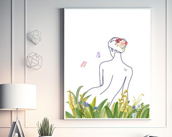 Tatuaje de mariposa, arte lineal femenino con hermosas mariposas y flores coloridas, arte lineal beige, poder femenino, arte de mariposa, arte de una línea