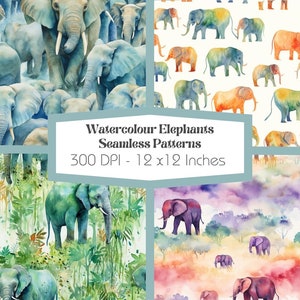 8 Watercolour Seamless Elephant Patterns ~ Perfect for Arts and Crafts ~ Repeatable Design~ Digital and Printable Paper~ 300 DPI