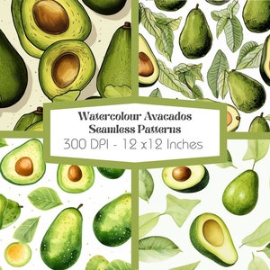 8 Watercolour Seamless Avocado patterns ~ Perfect for Arts and Crafts ~ Repeatable Design~ Digital and Printable Paper~ 300 DPI