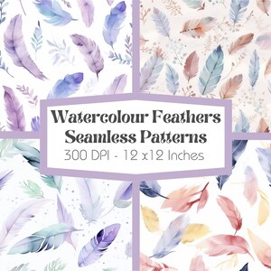 8 Watercolour Seamless Flowers and Feathers ~ Perfect for Arts and Crafts ~ Repeatable Design~ Digital and Printable Paper~ 300 DPI