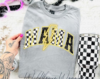 Neon Mama Lightning Bolt PNG: Retro Checkered Clipart (Digital Download
