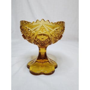 KEMPER WHEATON Amber Glass Saw Tooth Rim Pedestal Compote Candy Dish KW Marked