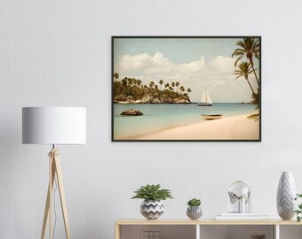 Ozean-inspirierter Stil & Palmenbaum-Druck: Vintage-Segelwandkunst mit strandähnlichen Ausstrahlung, eingerahmtes Poster mit retro Twist