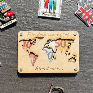 Geldgeschenk Landkarte Weltkarte aus Holz, Geburtstagsgeschenk, Geldverpackung, Geschenkidee für Hochzeit zum Verschenken