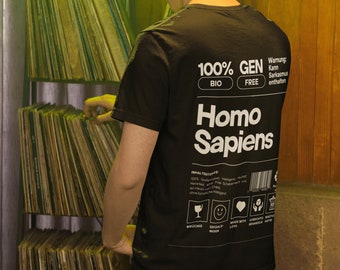 Menschliches Produkt Label' Unisex T-Shirt, 100 % Homo Sapiens, Lustiges T-Shirt, Zertifikat Label Design mit Sprüchen und Symbolen