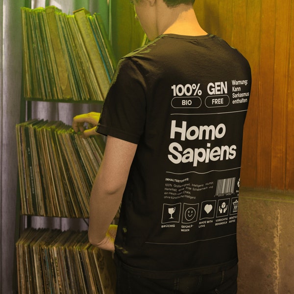 Menschliches Produkt Label' Unisex T-Shirt, 100 % Homo Sapiens, Lustiges T-Shirt, Zertifikat Label Design mit Sprüchen und Symbolen