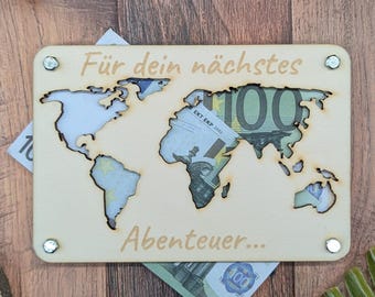 Mapa del mundo de madera como regalo de dinero, regalo de cumpleaños, envoltorio de dinero, idea de regalo de boda