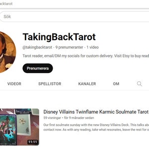 Può includere: Una pagina di canale YouTube per TakingBackTarot, un lettore di tarocchi che offre letture personalizzate e articoli in vendita su Etsy. La pagina presenta una miniatura video di una lettura di tarocchi sulle anime gemelle karmiche dei cattivi Disney Twinflame. Il video ha 59 visualizzazioni ed è stato caricato 9 mesi fa.