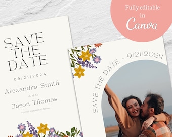 Boho Floral Save the Date - Editable Canva Template, Instant Download, Wedding Announcement