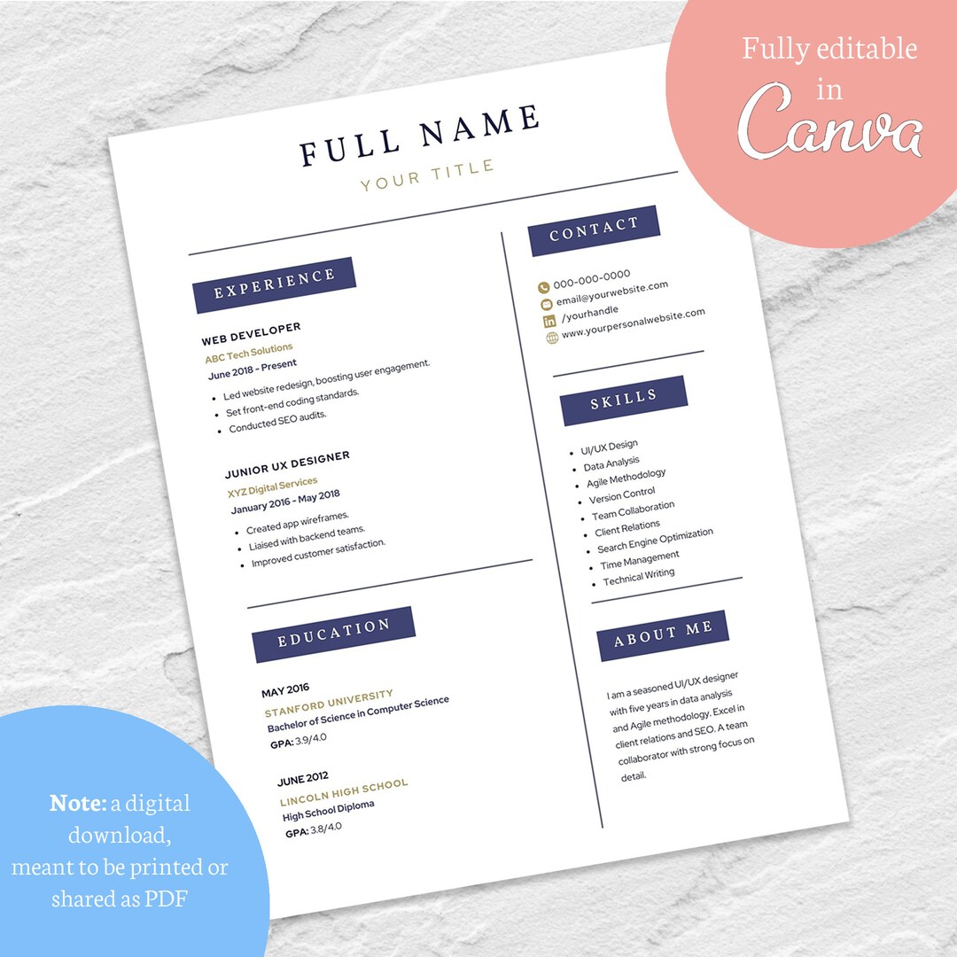 Minimalist Resume Template - Editable Canva Template for Professional ...