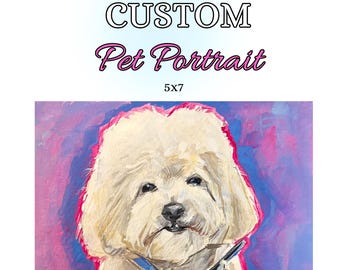 Peut inclure: Une peinture de portrait d'animal personnalisé d'un chien blanc avec un collier bleu sur un fond rose et bleu. La peinture mesure 12,7 x 17,8 cm.