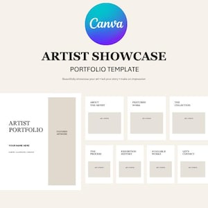 Può includere: Un modello di portfolio digitale per artisti con il logo Canva, il testo ARTIST SHOWCASE PORTFOLIO TEMPLATE e diverse pagine di layout con segnaposto per testo e immagini etichettati come ABOUT THE ARTIST, FEATURED WORK e THE COLLECTION.