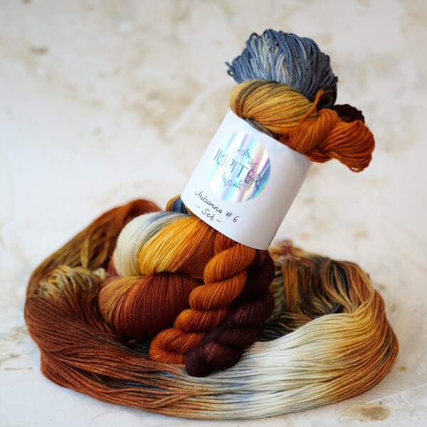 Sockengarn Set mit Minis Merino Superwash Wolle Herbst Orange Braun Blau 140g 560m Autumna #6