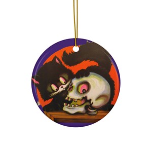 Adorno de cerámica vintage con forma de gato negro y calavera para Halloween y Navidad, 4 formas