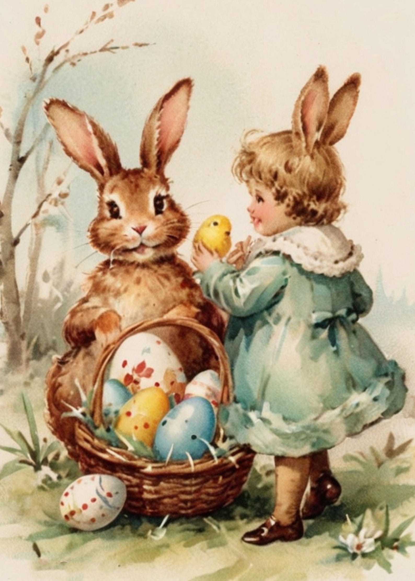Vintage Girl and Bunny With Colored Eggs Easter Ostara Cut Out ...