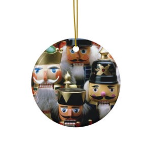 May include: A close-up of a group of colorful wooden nutcracker figurines. The nutcrackers are all different designs, with some wearing hats and others with beards. The nutcrackers are arranged in a circle, with their faces facing the viewer.