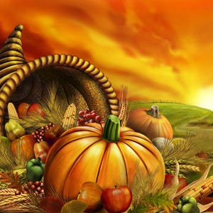 May include: A digital illustration of a cornucopia overflowing with autumn harvest produce. A large orange pumpkin sits in front of the cornucopia, with other fruits and vegetables. The background features a sunset over a green field.