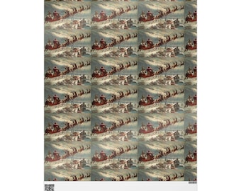 May include: A repeating pattern of Santa Claus riding in a sleigh pulled by reindeer. The background is a snowy landscape with trees and houses. The image is in a vintage style.