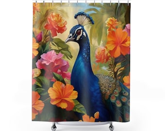 Pfau mit orangefarbenen und rosa Blumen-Duschvorhängen