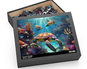 May include: A 11x14 inch puzzle box featuring an underwater scene with sea turtles swimming among colorful coral reefs. The box is open, revealing puzzle pieces. The puzzle is labeled "11x14 Puzzle" and "252 pcs Ages 9+".