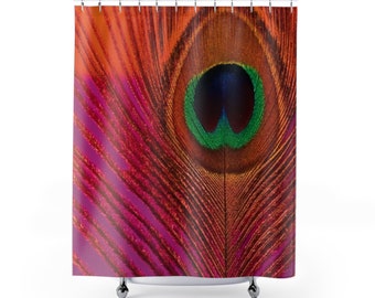 Rideaux de douche fuchsia et orange en plumes de paon