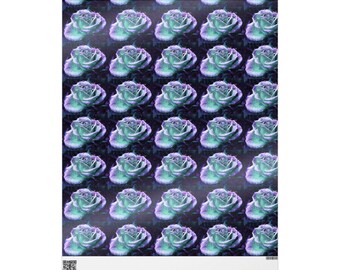 May include: A poster featuring a repeating pattern of stylized roses. The roses are a blend of teal and purple hues, set against a dark background. The design is symmetrical, with each flower evenly spaced across the surface.