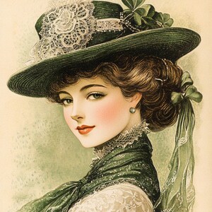 May include: Vintage illustration of a woman wearing a dark green hat with a wide brim, adorned with lace and shamrocks. She wears a matching green scarf and a white lace dress, with a soft, rosy complexion and red lips.