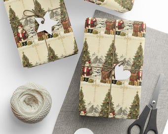 Vintage viktorianischer Weihnachtsmann mit Baum draußen Weihnachten Yuletide Geschenkpapiere