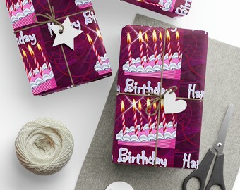 Happy Birthday Pink Cake Candles Wrapping Papers