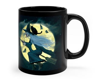 Classic Vintage Witch on Broom Flying Over Moon Halloween Samhain Black Coffee Mug, 11oz