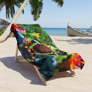 Vibrant Tropical Frog and Flowers Beach Towel