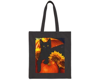 Schwarze Katzen Kürbisse Blumen Halloween Baumwollsegeltuch-Einkaufstasche