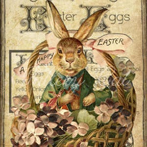 May include: Vintage Easter-themed illustration featuring a brown rabbit in a green jacket and blue scarf, holding a sprig of flowers. The rabbit sits in a woven basket overflowing with pink and purple flowers. The background includes text that reads "Colored Easter Eggs."