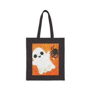 Cute Ghost and Spider Friend Jack-o&#39;-lantern Halloween Cotton Canvas Tote Bag