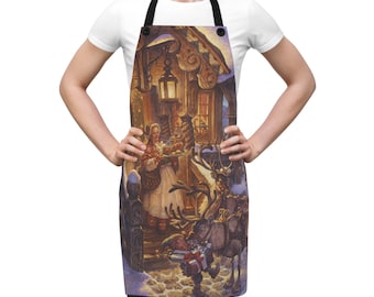 May include: A Christmas-themed apron with a vintage illustration of a woman handing a plate of food to a reindeer in front of a wooden building with a lantern.