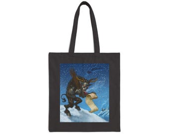 May include: Black tote bag with a Krampus illustration. The image shows a horned, demonic figure holding a scroll in a snowy scene. The design uses a dark colour palette with red and gold accents.