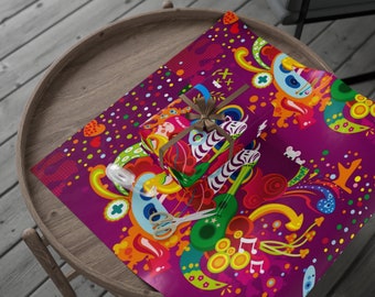May include: A wrapped gift box and wrapping paper with a vibrant, colorful design featuring musical notes, guitars, and abstract shapes in shades of purple, orange, green, and blue. The gift is tied with a brown ribbon.