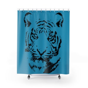 Shower Curtains. Tiger black graphic. teal curtain