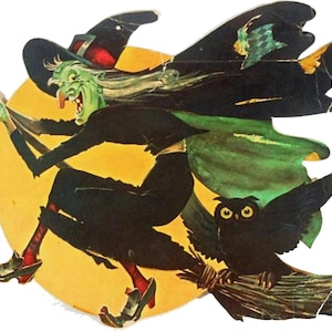May include: A vintage-style paper cutout decoration featuring a green-skinned witch with long gray hair wearing a black hat and dress, riding a broomstick. A black owl is perched on the broom handle against a large, circular yellow moon background.