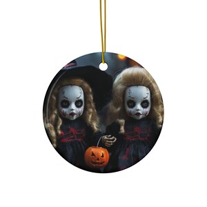 Creepy Doll Witches Trick-or-Treaters Halloween Christmas Ceramic Ornament, 4 Shapes