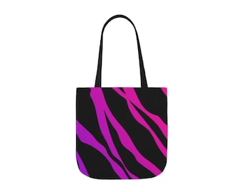 Bolso tote de lona con rayas de cebra fucsia y morada, correas de 5 colores