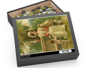 May include: A 120-piece puzzle in a black box, featuring a vintage illustration of a woman and a child in a garden setting. The box is labeled "8x10 Puzzle" and "Ages 9+". The puzzle pieces are visible inside the open box.