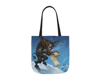 May include: Tote bag with a Krampus illustration. The design depicts a horned creature holding a scroll, set against a snowy, blue backdrop. The bag has black handles and is suitable for carrying various items.