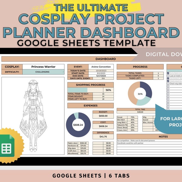 The Ultimate Cosplay Project Planner Dashboard Google Sheets Template | Cosplay Sewing planner, To-Do list, Project planner, Budget tracker