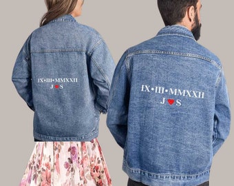 Personalized Couples Anniversary Denim Jacket with Roman Numeral, Couples Custom Jean Jacket, Couples Anniverary Gift, Anniversary Date Gift