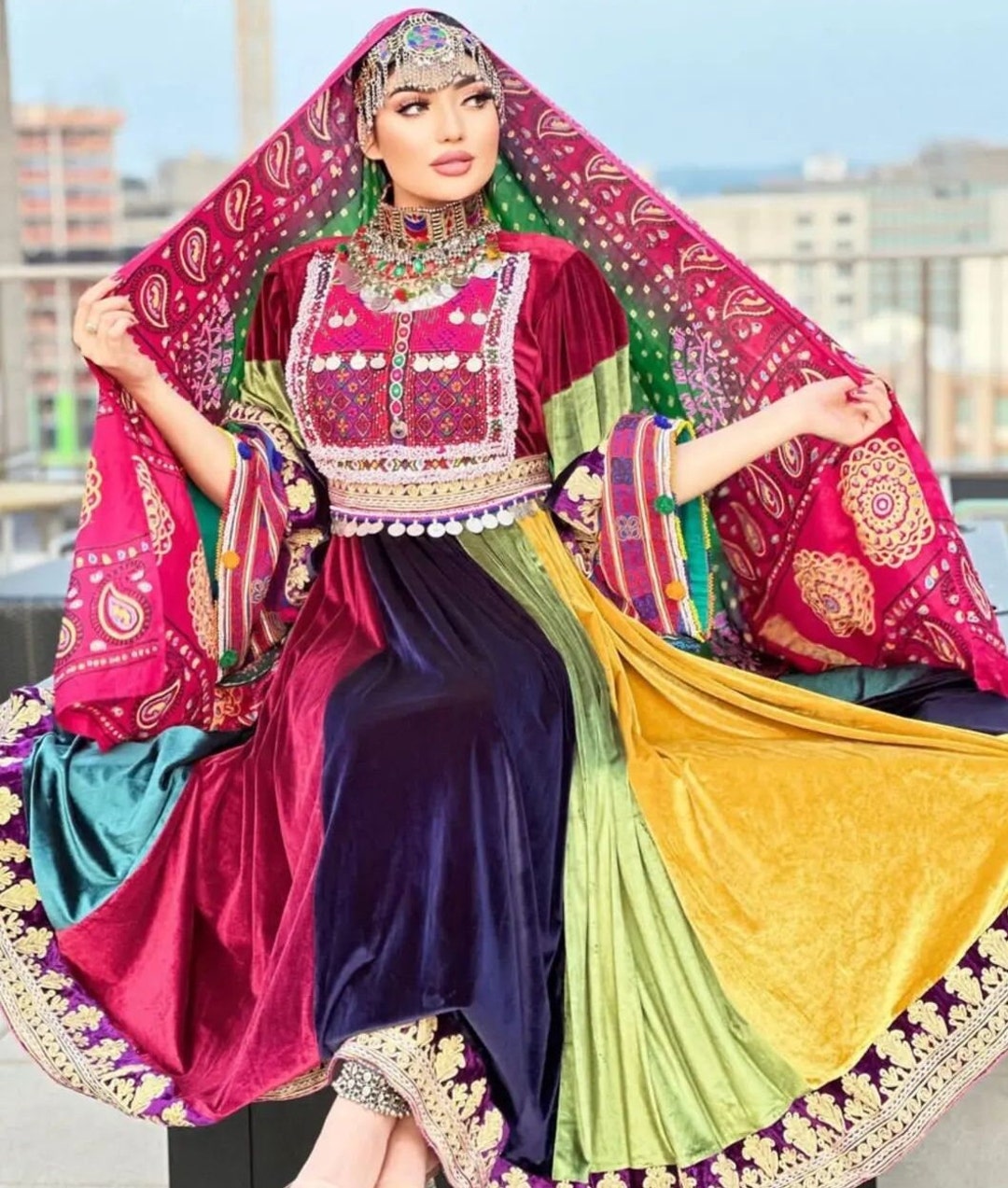 Exquisite Afghan Multicolor Velvet Dress With Handmade Coins and