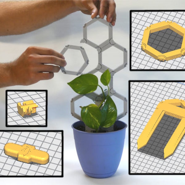 Modular Plant Trellis STL Files ONLY Print at Home Customizable Reconfigurable Hexagon 3D Printed Indoor Houseplant Plant Supports