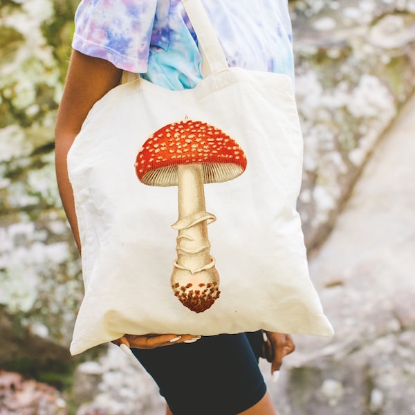 Amanita Mushroom Tote Bag, minimalist mushroom tote bag, psychedelic tote bag, trippy tote bag, 420 fashion, aesthetic mushroom tote bag